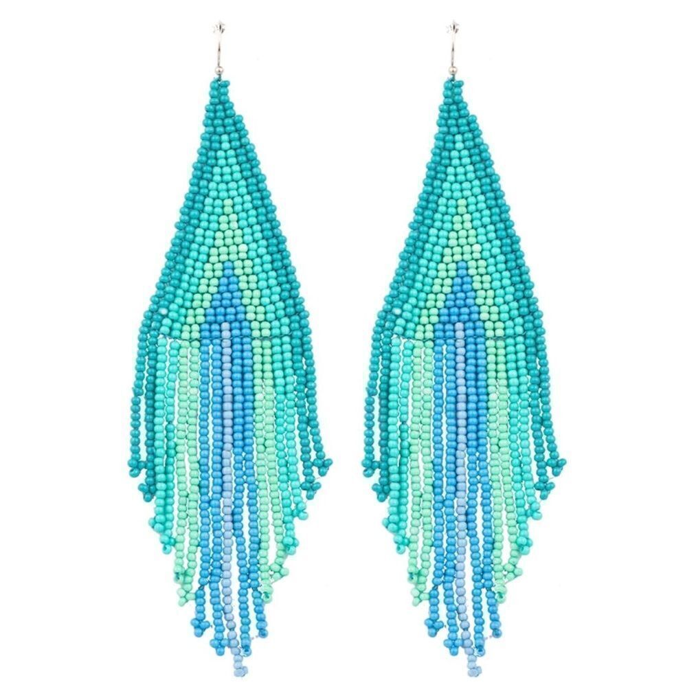 Blue Bohemian Seed Bead Tassel Dangling Statement French Wire Hook Earrings